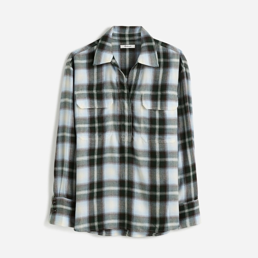 Madewell Flannel Popover Shirt in plaid city blue size large